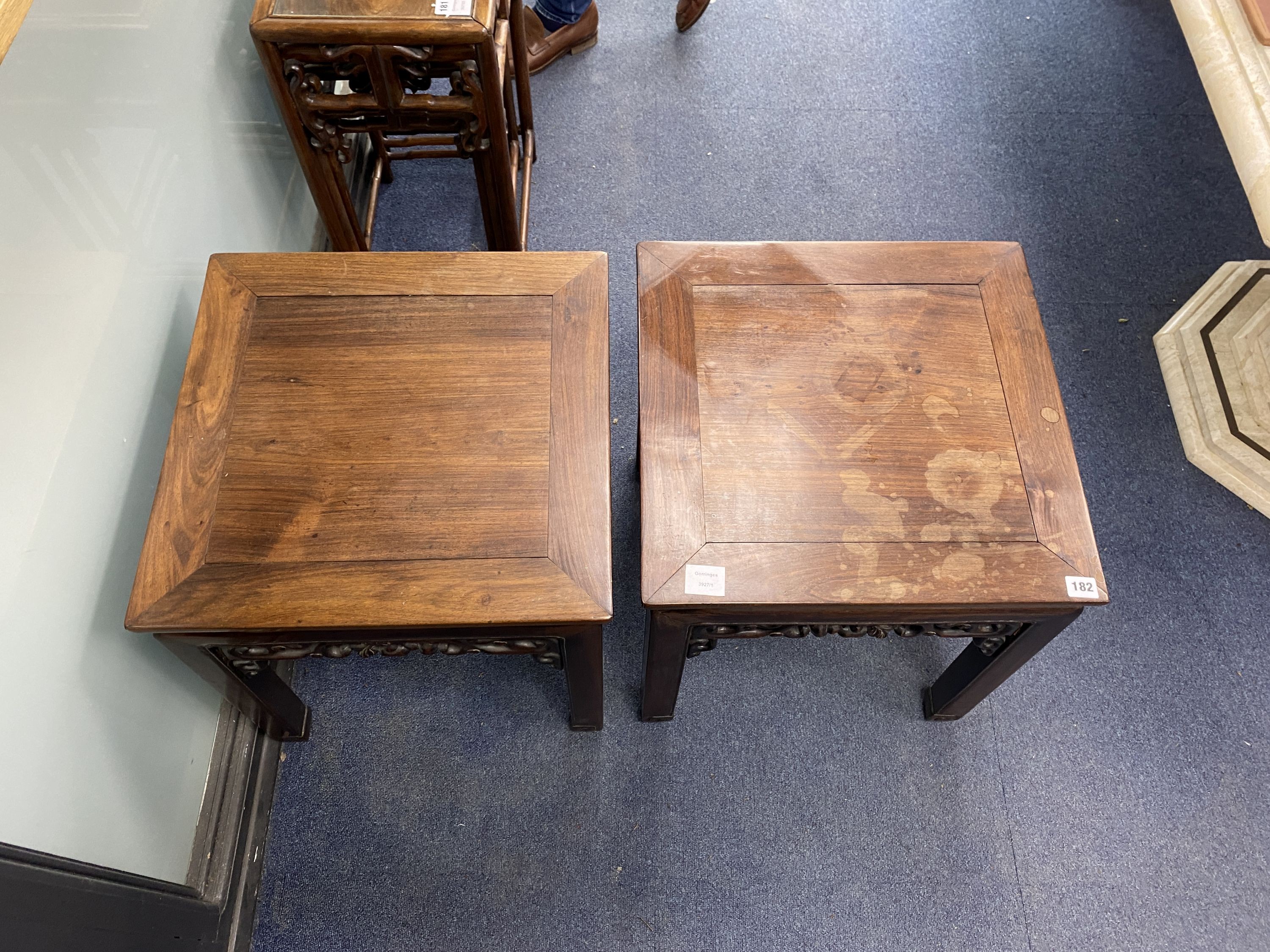 A pair of Chinese hardwood square top tables, 48cm, height 51cm